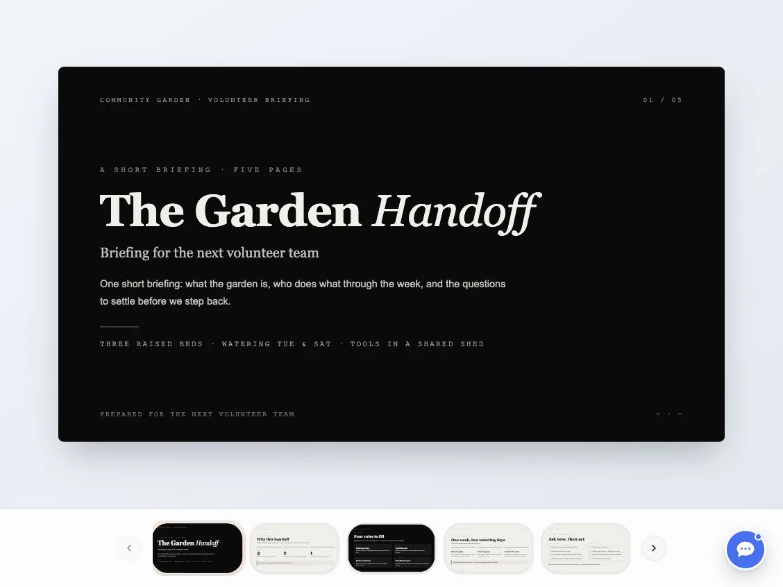 Actual GenPPT workspace with the reviewed garden cover and five slide previews