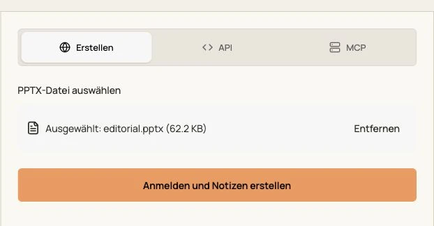 Tatsächliche GenPPT-Oberfläche für Sprechernotizen mit ausgewählter Original-PPTX