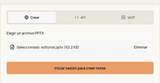 Interfaz real de GenPPT para notas del orador con un PPTX original seleccionado