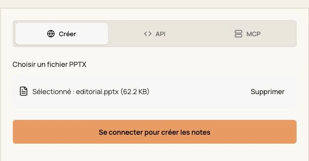 Interface réelle de GenPPT pour les notes du présentateur avec un PPTX original sélectionné