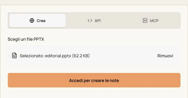 Interfaccia reale di GenPPT per le note del relatore con un PPTX originale selezionato