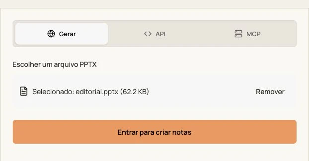 Interface real do GenPPT para notas do apresentador com um PPTX original selecionado